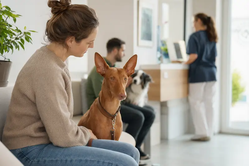 Ein Pharaonenhund sitzt ruhig neben seinem Besitzer im hellen Wartezimmer einer modernen Tierarztpraxis.